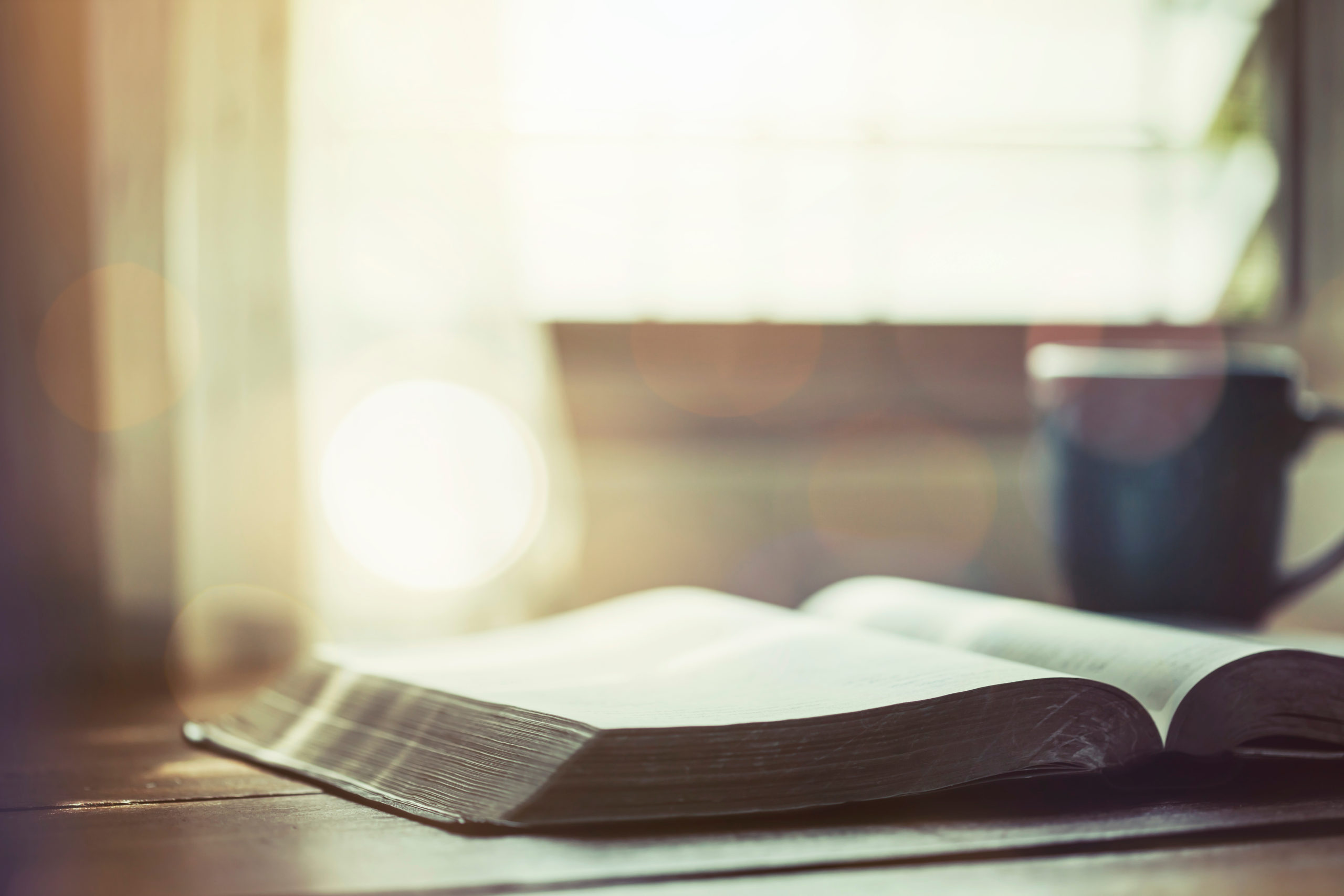 open bible  book with a cup of coffee against window light in th